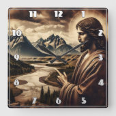 山の景色を威厳のある指すイエス スクエア壁時計 (正面)