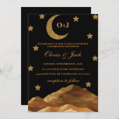 山の月の夜の黒い水色の金ゴールド結婚ズ 招待状 (正面/裏面)