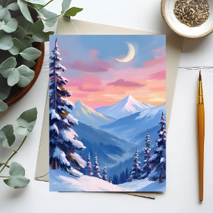 山の月 冬の水彩画 ポストカード