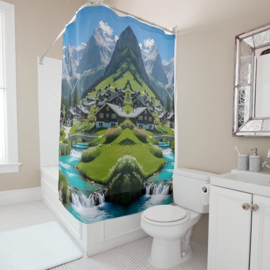 . .山の朝が穏やかな高山に逃れる シャワーカーテン (インサイチュ)