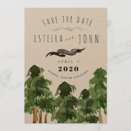 山の木々に囲まれた素朴なウェディングのSave the Date 招待状