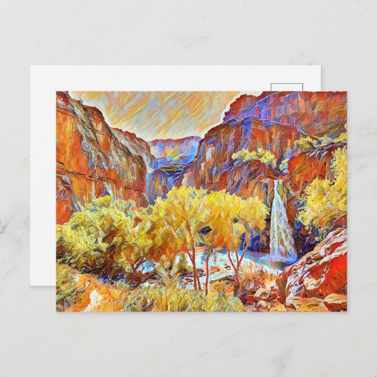 山の木の滝抽象芸術油絵 ポストカード (正面/裏面)