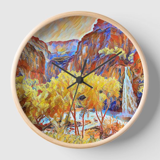 山の木の滝抽象芸術油絵 壁時計 (正面)