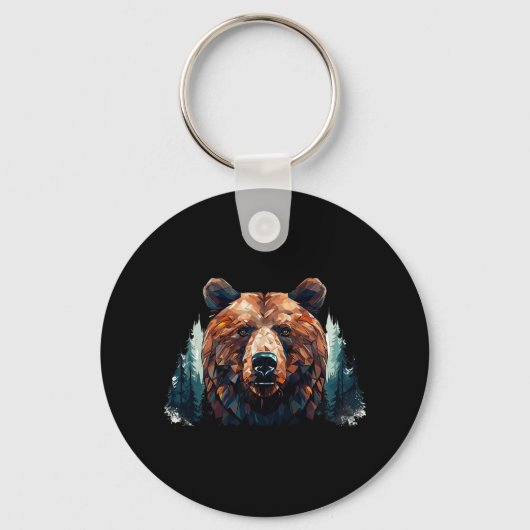 山の木の風景Bと幾何学的なクマの頭 キーホルダー (正面)