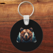 山の木の風景Bと幾何学的なクマの頭 キーホルダー (正面)