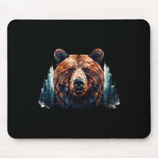 山の木の風景Bと幾何学的なクマの頭 マウスパッド (正面)