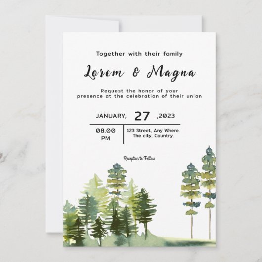 山の松の木の冬のウェディングカード 招待状 (正面)