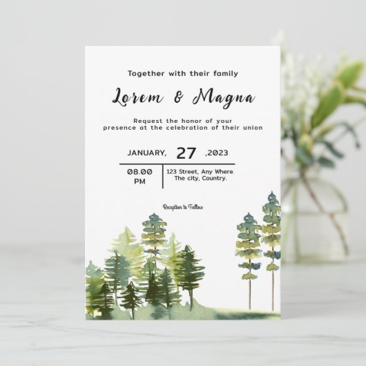 山の松の木の冬のウェディングカード 招待状 (スタンド正面)