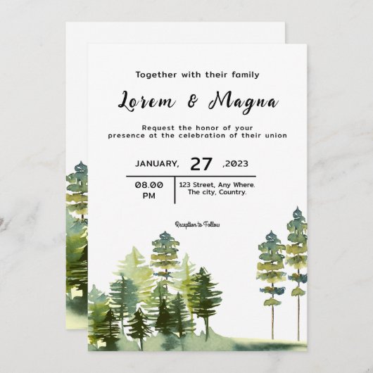 山の松の木の冬のウェディングカード 招待状 (正面/裏面)