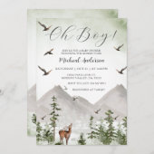 山の松の木の森の鹿の少年ベビーシャワー 招待状 (正面/裏面)