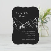 山の松の木の黒い写真日付を保存 招待状 (スタンド正面)