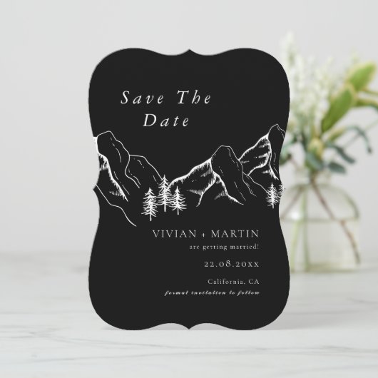 山の松の木の黒い写真日付を保存 招待状 (スタンド正面)