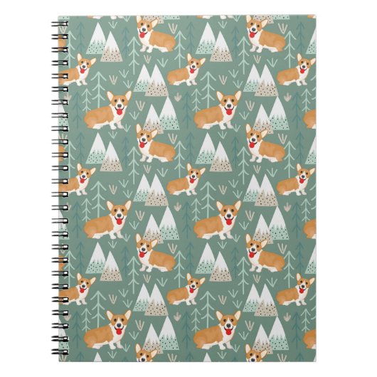 山の森のパターンのコーギー ノートブック (正面)