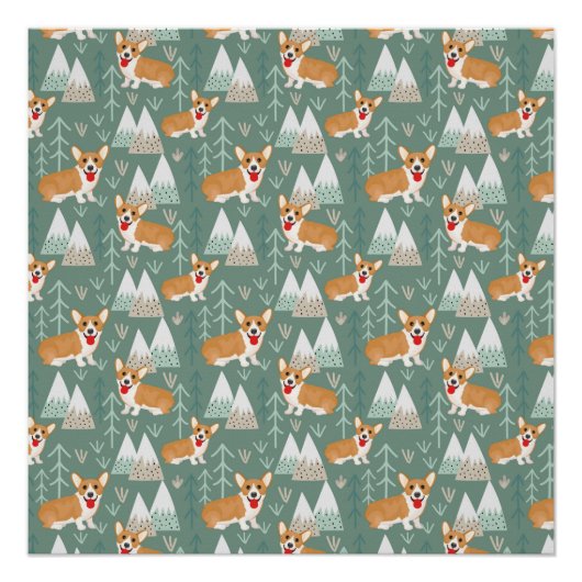 山の森のパターンのコーギー ポスター (正面)