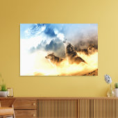 山の森の中の月明かりの狼の写真プリント。 キャンバスプリント (インサイチュ (リビング))