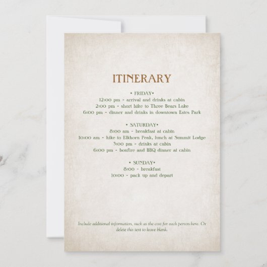 山の森の独身最後の週末の予定 招待状 (裏面)