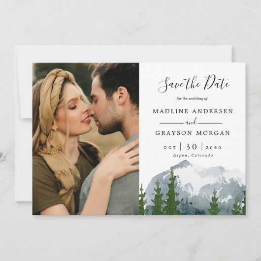 山の水の色の松2つの写真を保存する日付 招待状 (正面)