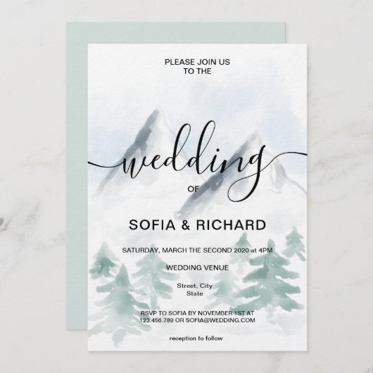 山の水の色の素朴ツリーの宛先の招待 招待状 (正面/裏面)