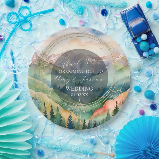 山の水の色の風景の目的地の結婚式 ペーパープレート (パーティー)