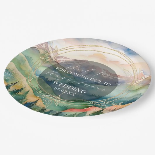 山の水の色の風景の目的地の結婚式 ペーパープレート (アングル)
