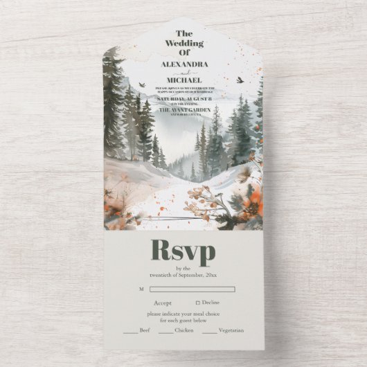 山の水の色をエレガントテーマに結婚した オールインワン招待状 (内側)