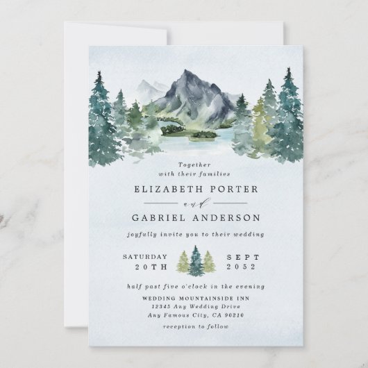 山の水の色をエレガントテーマに結婚した 招待状 (正面)