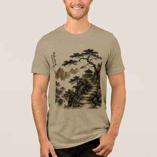 山の水墨画風景画 トライブレンドTシャツ