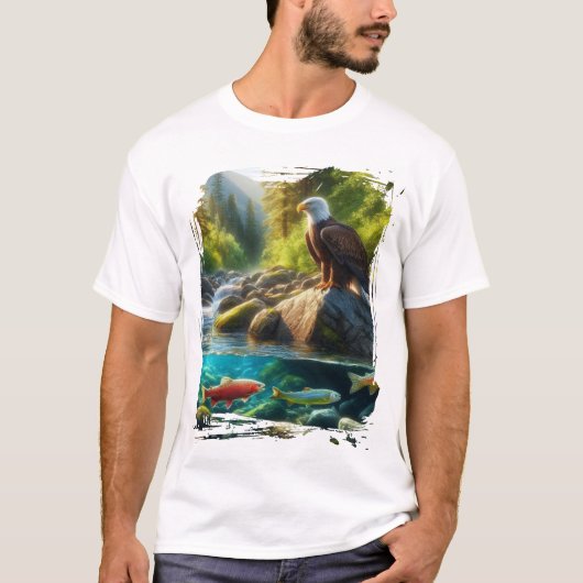 山の渓流に佇む鷲の自然野生Tシャツ Tシャツ (正面)
