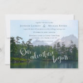 山の湖で私たちの冒険が始まる ウェディング 招待状 (正面)