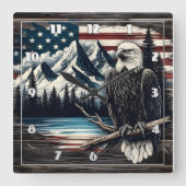 山の湖に止まったハゲのワシ スクエア壁時計 (正面)