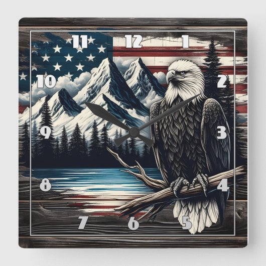 山の湖に止まったハゲのワシ スクエア壁時計 (正面)