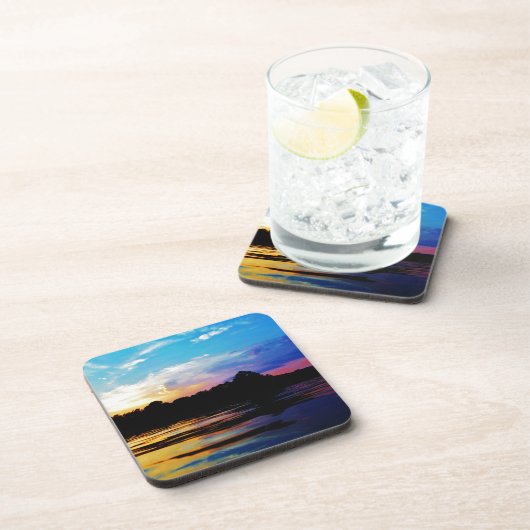 山の湖に虹の夕日 コースター (右側)