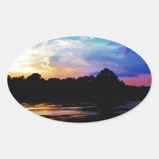山の湖に虹の夕日 楕円形シール (正面)