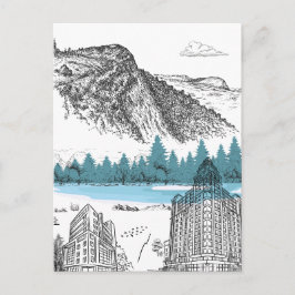 山の湖のリゾートホテル イラスト 自然の風景 ポストカード