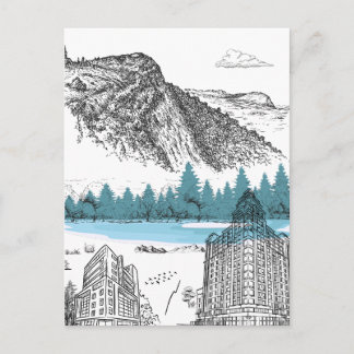 山の湖のリゾートホテル イラスト 自然の風景 ポストカード