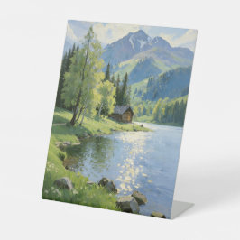 山の湖の小屋の風景 油絵 | 自然 台座サイン