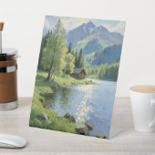 山の湖の小屋の風景 油絵 | 自然 台座サイン (インサイチュ)
