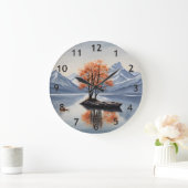 山の湖の島の秋の木 ラージ壁時計 (ホーム)