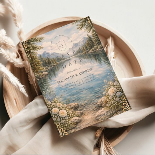 山の湖の森の野生の花の結婚式 セーブザデート