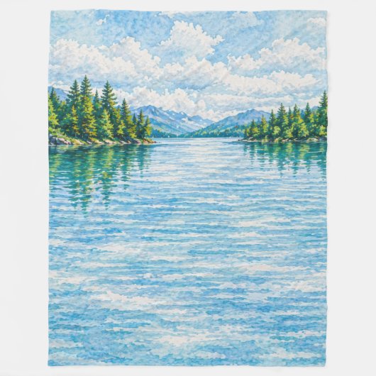 山の湖の森の風景 フリースブランケット (正面)