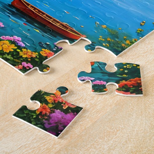 山の湖の背後にある小さな家 ジグソーパズル (側面)