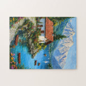 山の湖の背後にある小さな家 ジグソーパズル (横)