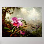 山の湖の近くの蘭とハミングバード ポスター (正面)