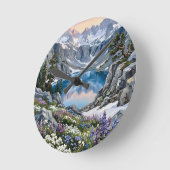山の湖の野生の花の草原アート ラウンド壁時計 (傾斜)