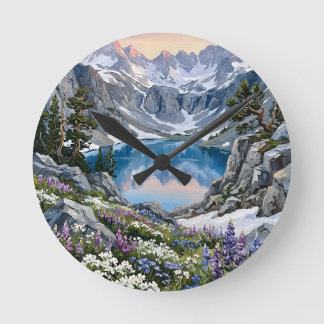 山の湖の野生の花の草原アート ラウンド壁時計