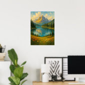 山の湖の風景画アートプリント ポスター (ホームオフィス)