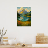 山の湖の風景画アートプリント ポスター (キッチン)