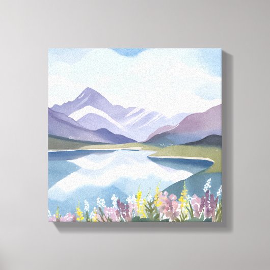 山の湖 | 花の水彩風景画 キャンバスプリント (正面)
