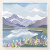 山の湖 | 花の水彩風景 ガラスコースター (正面)