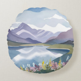 山の湖 | 花の水彩風景 ラウンドクッション